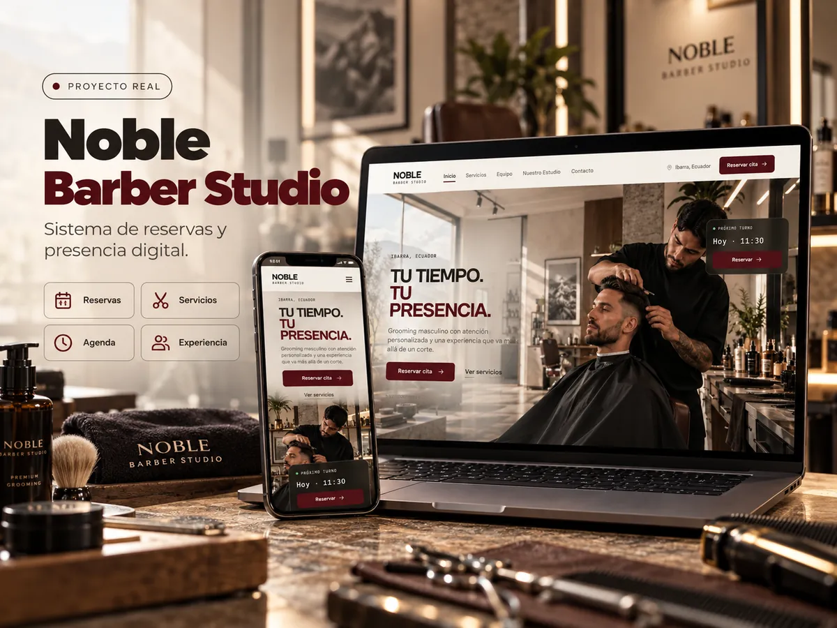 Sitio de Noble Barber Studio con reservas en línea, en laptop y celular