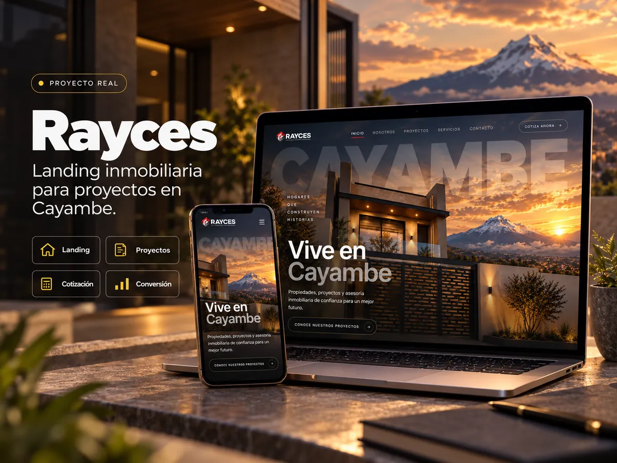 Landing de Rayces, proyectos inmobiliarios en Cayambe, en laptop y celular